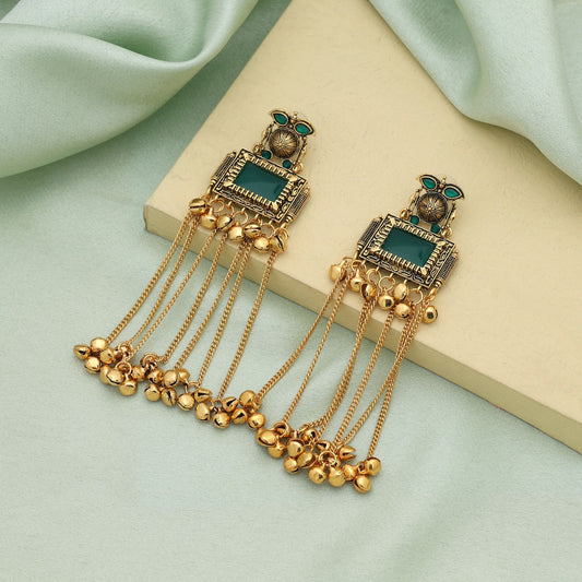 Green Color Traditional Ethnic Long Kasmiri Earrings With Royal Festive Jewelry Style
