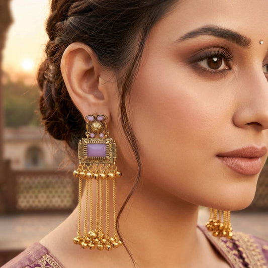 Light Purple Color Elegant Long Kasmiri Earrings With Stylish Traditional Look