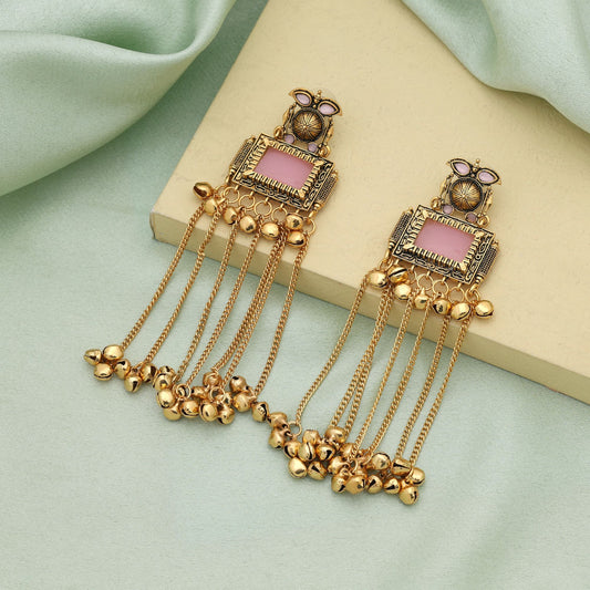 Pink Color Elegant Ethnic Long Kasmiri Earrings With Traditional Festive Jewelry Design
