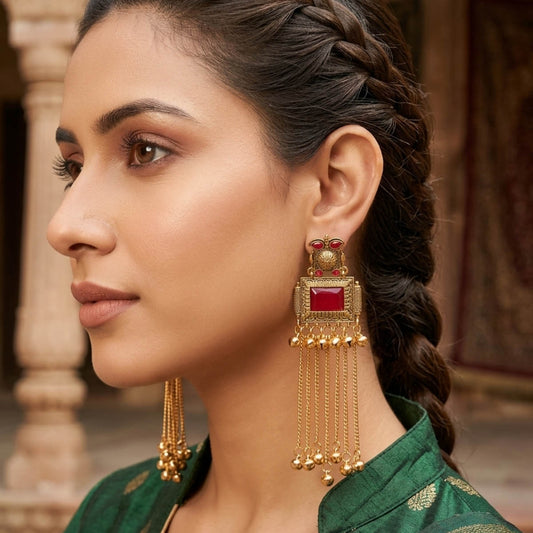 Red Color Bridal Ethnic Long Kasmiri Earrings With Royal Festive Jewelry Style