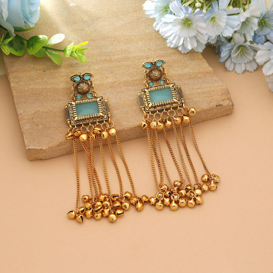 Sky Blue Color Stylish Party Wear Long Kasmiri Earrings With Elegant Design