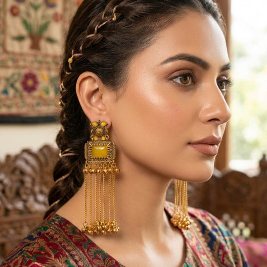 Yellow Color Traditional Festive Long Kasmiri Earrings With Classic Ethnic Jewelry
