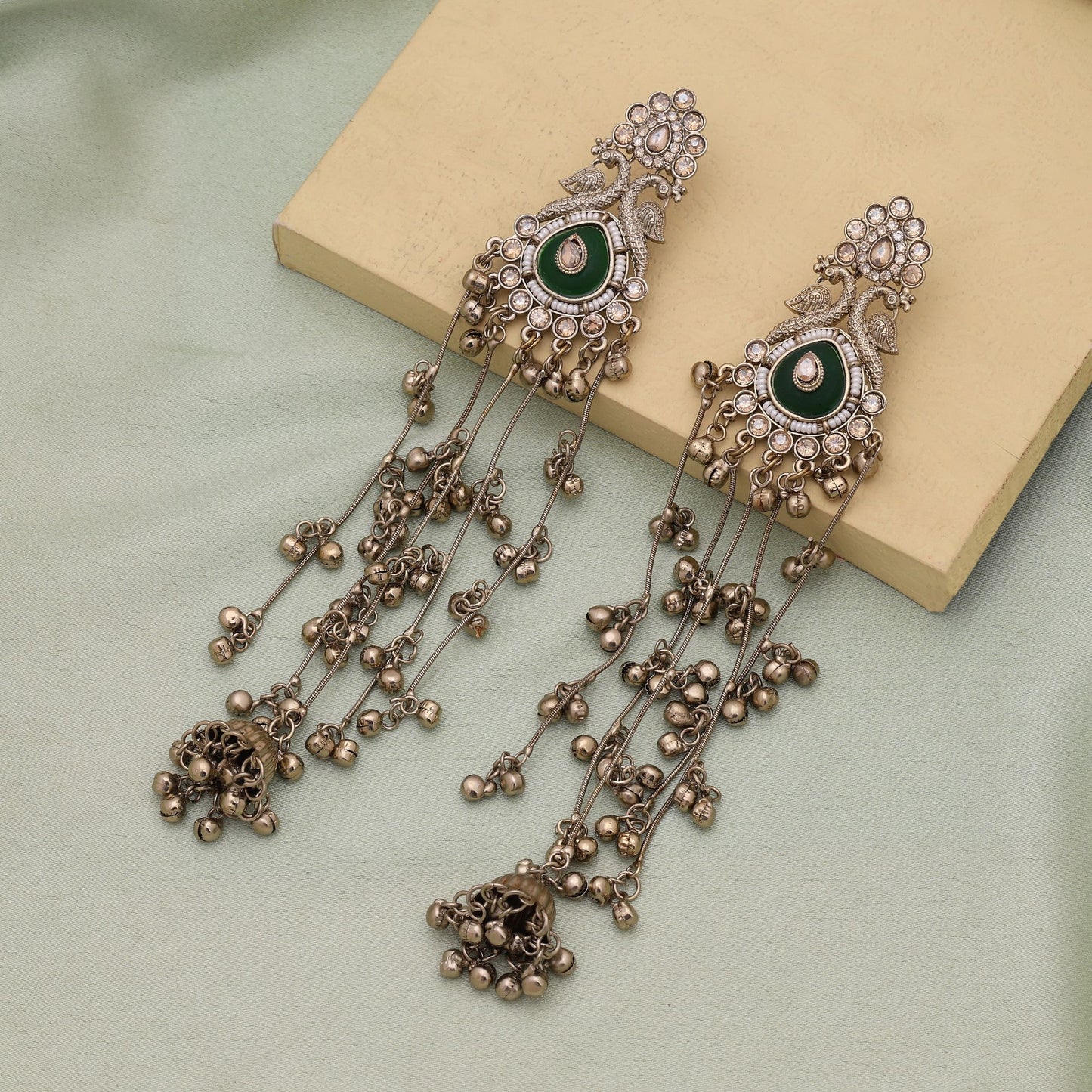 Green Color Stylish Traditional Long Kasmiri Earrings With Elegant Ethnic Design