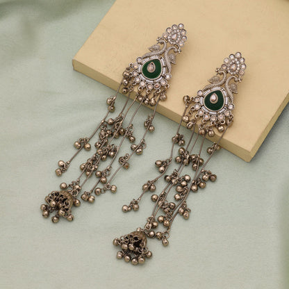 Green Color Stylish Traditional Long Kasmiri Earrings With Elegant Ethnic Design