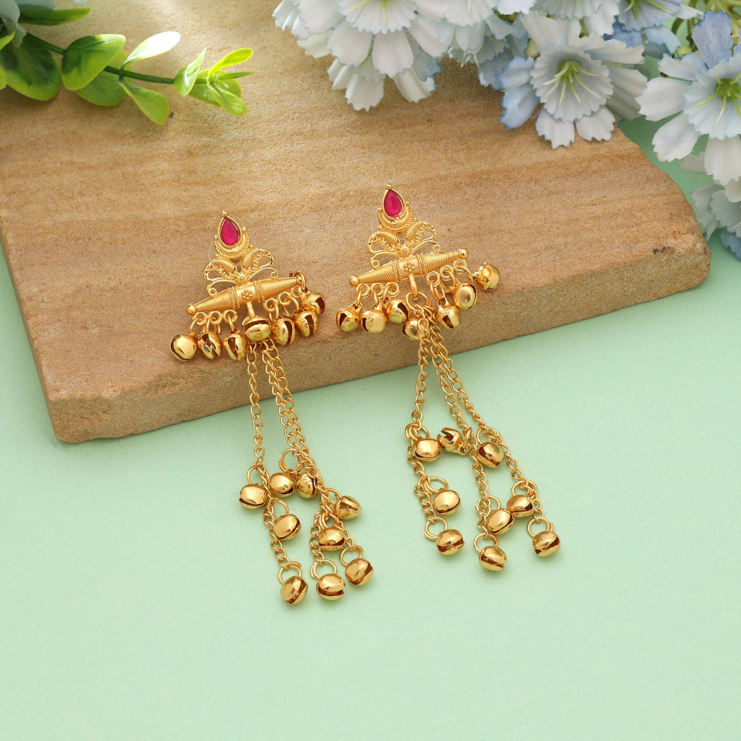 Rani Color Royal Wedding Style Long Kasmiri Earrings With Classic Ethnic Design