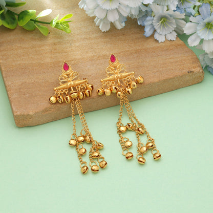 Rani Color Royal Wedding Style Long Kasmiri Earrings With Classic Ethnic Design
