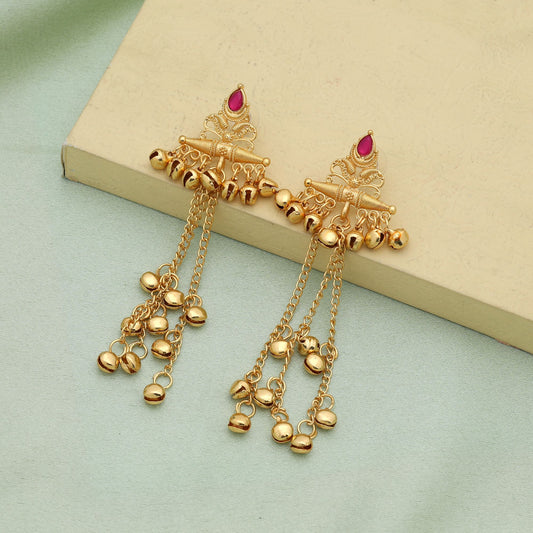 Rani Color Royal Wedding Style Long Kasmiri Earrings With Classic Ethnic Design
