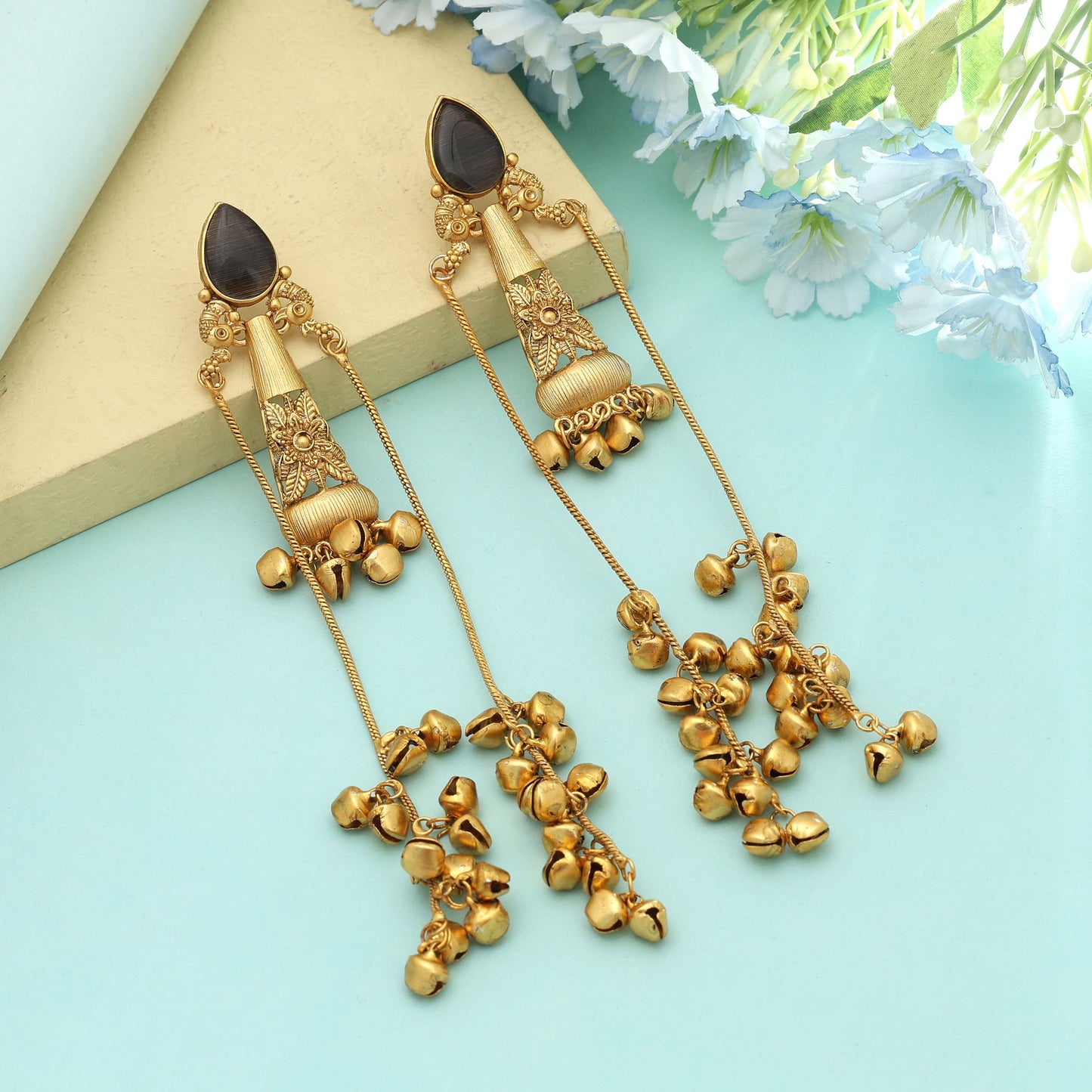Dark Grey Color Long Kasmiri Earrings Minimal Elegant Traditional Jewelry Design