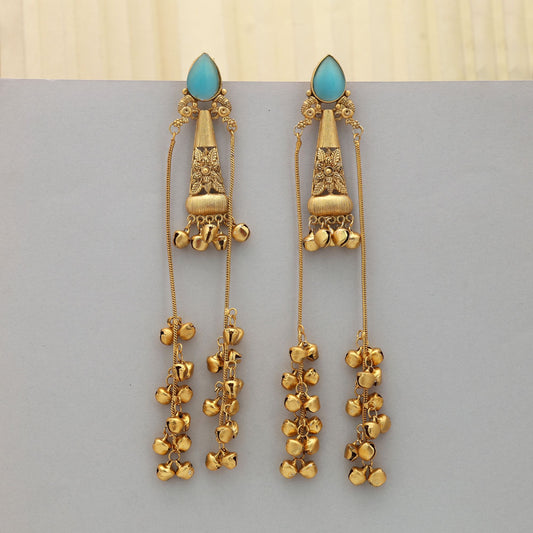 Firozi Color Long Kasmiri Earrings Elegant Traditional Jewelry With Vibrant Look
