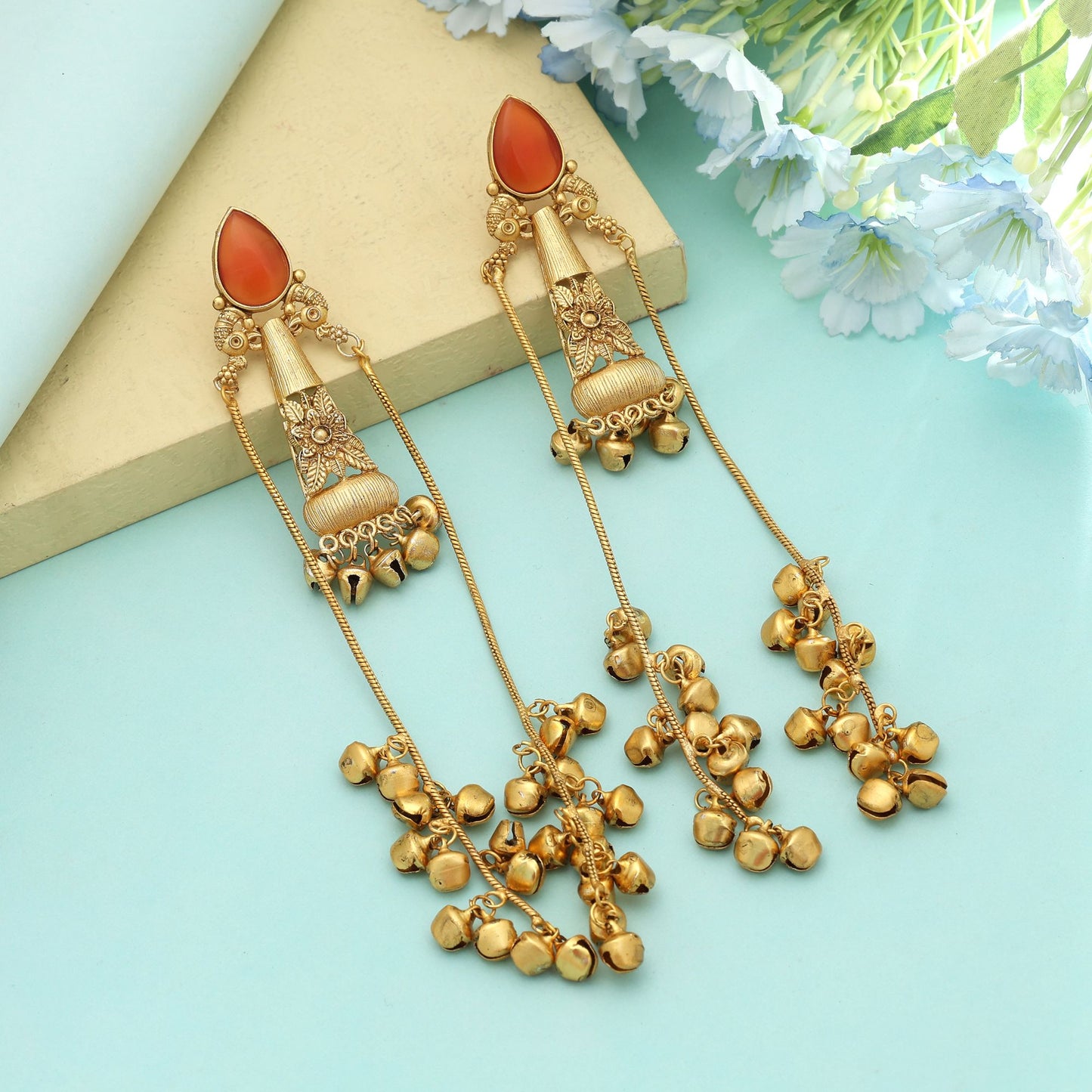 Orange Color Long Kasmiri Earrings Stylish Ethnic Traditional Jewelry With Elegant Finish