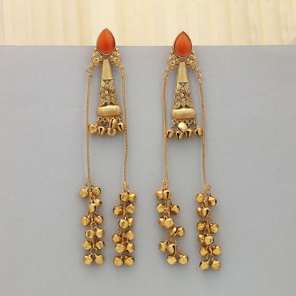 Orange Color Long Kasmiri Earrings Stylish Ethnic Traditional Jewelry With Elegant Finish