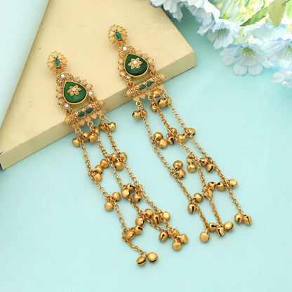 Green Color Long Kasmiri Earrings Classic Ethnic Jewelry With Natural Appeal