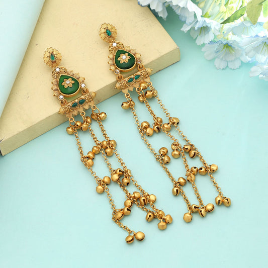 Green Color Long Kasmiri Earrings Classic Ethnic Jewelry With Natural Appeal