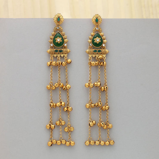 Green Color Long Kasmiri Earrings Classic Ethnic Jewelry With Natural Appeal