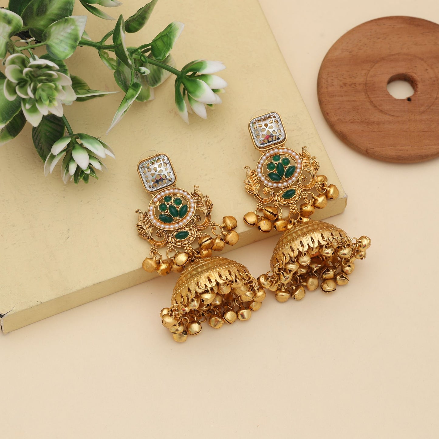 Green Color Jhumka Kasmiri Earrings Festive Ethnic Jewelry With Elegant Style
