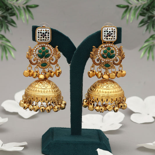Green Color Jhumka Kasmiri Earrings Festive Ethnic Jewelry With Elegant Style