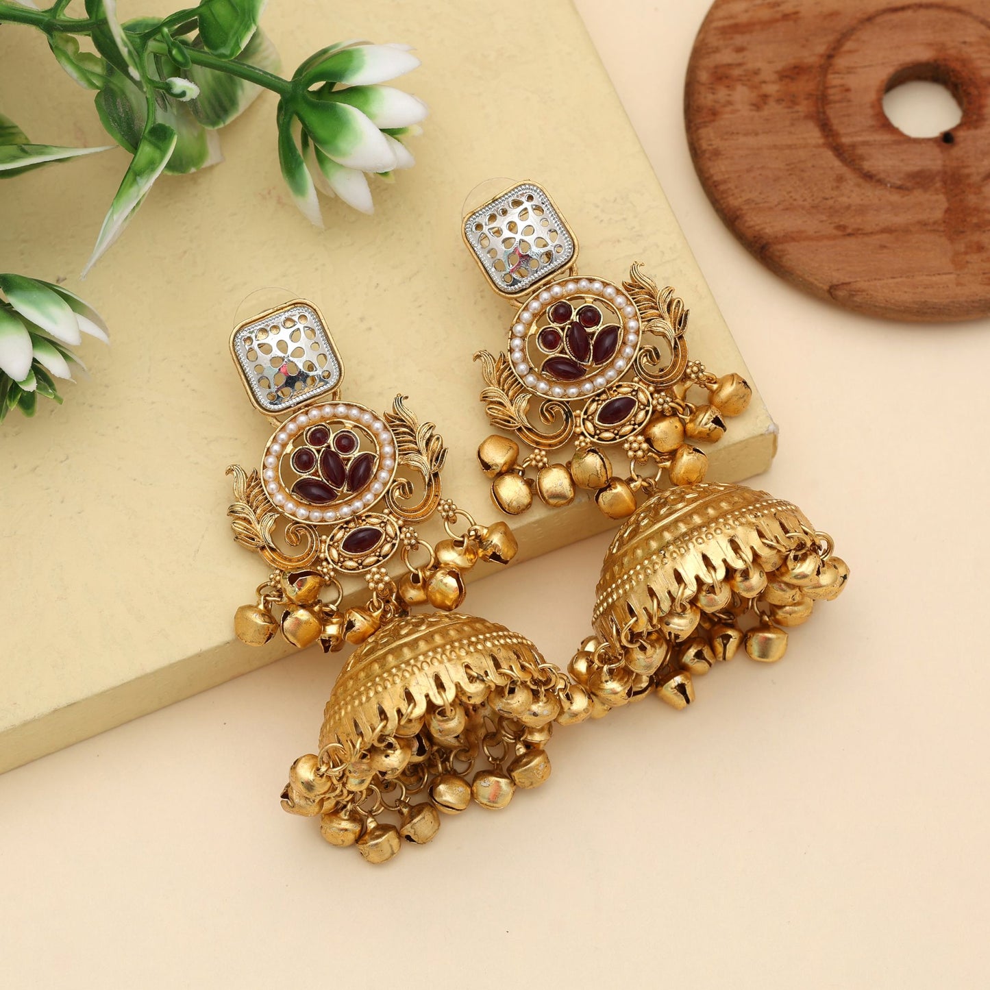 Maroon Color Jhumka Kasmiri Earrings Traditional Ethnic Jewelry With Royal Finish