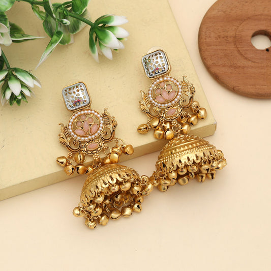 Pink Color Jhumka Kasmiri Earrings Elegant Feminine Jewelry With Classic Design