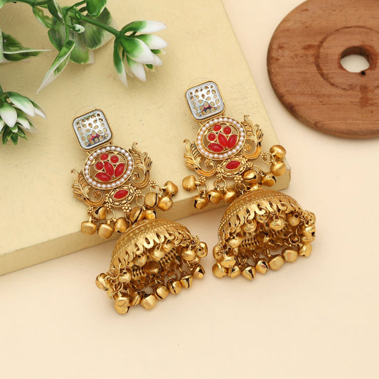 Red Color Jhumka Kasmiri Earrings Bridal Traditional Jewelry With Rich Look