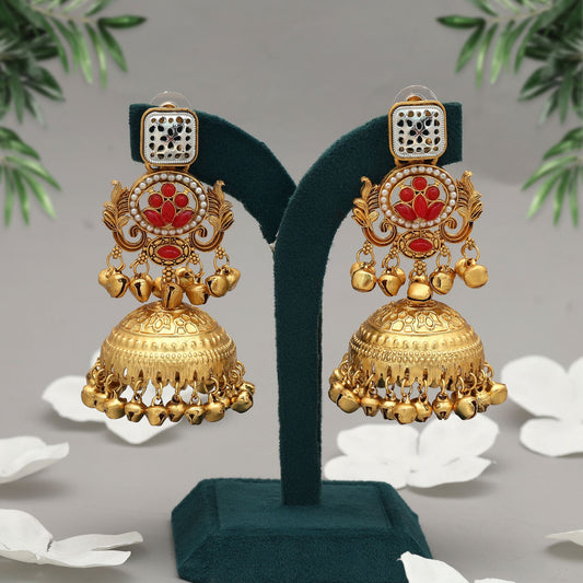 Red Color Jhumka Kasmiri Earrings Bridal Traditional Jewelry With Rich Look