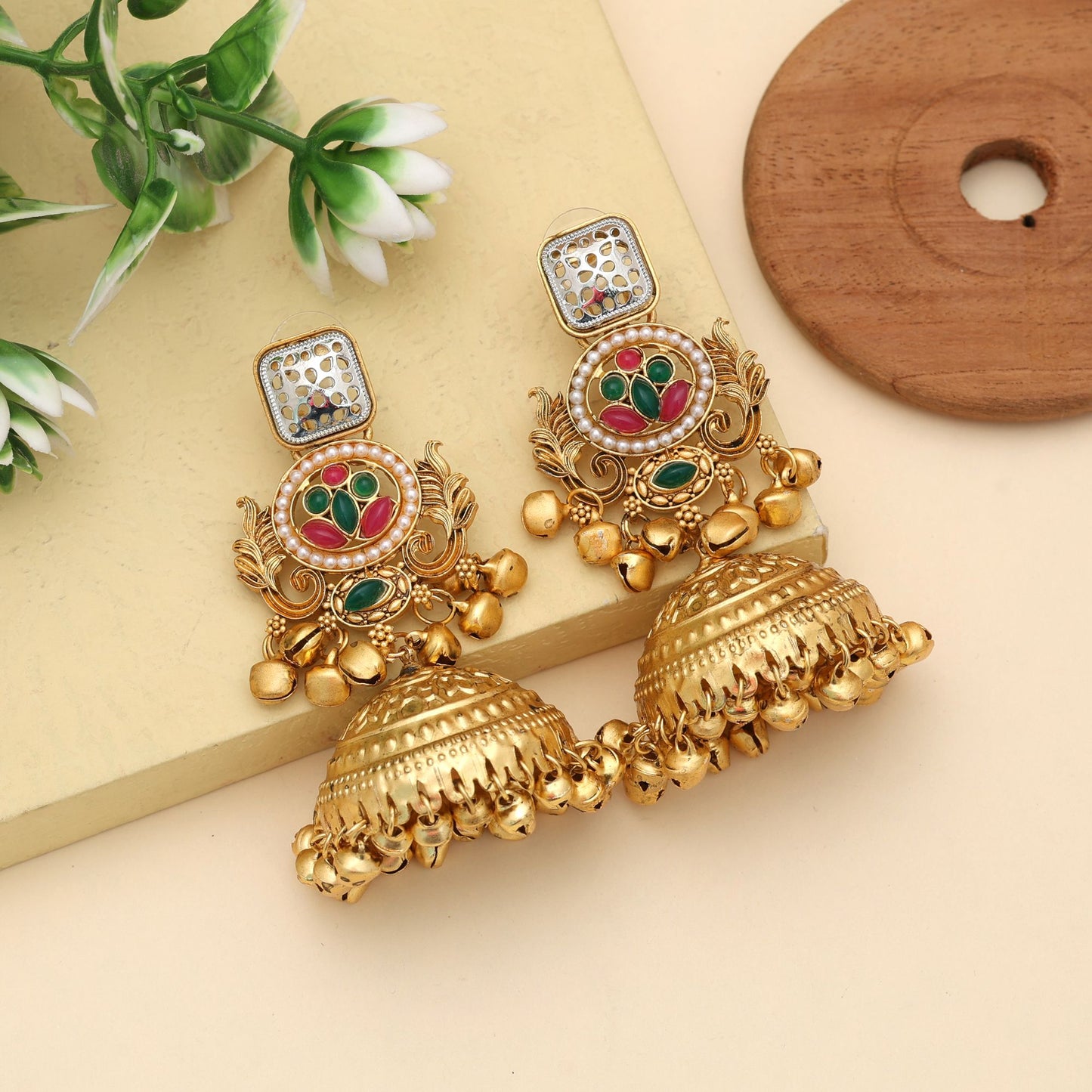 Rani & Green Color Jhumka Kasmiri Earrings Dual Tone Festive Jewelry Design