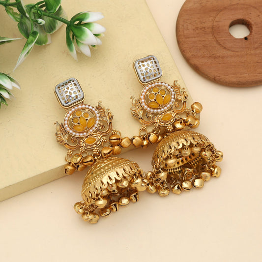 Yellow Color Jhumka Kasmiri Earrings Bright Ethnic Jewelry With Traditional Appeal