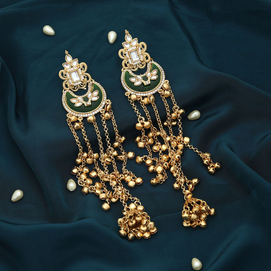 Green Color Long Kasmiri Earrings Traditional Ethnic Statement Jewelry Design