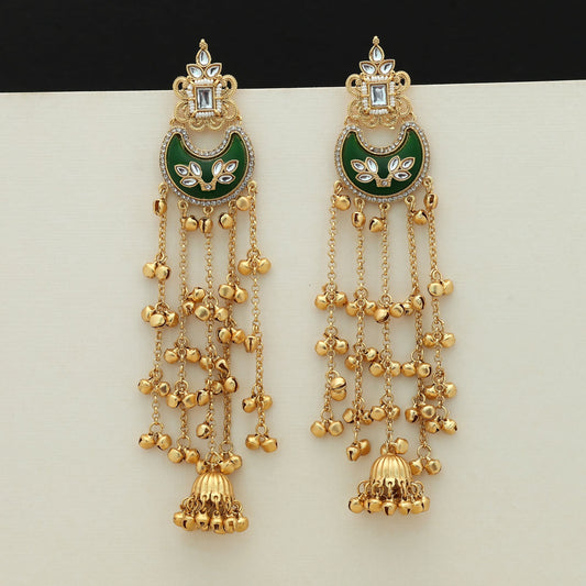 Green Color Long Kasmiri Earrings Traditional Ethnic Statement Jewelry Design