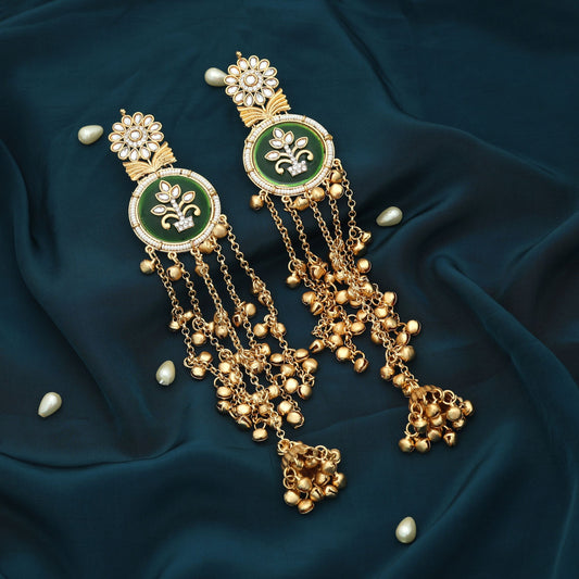 Green Color Long Kasmiri Earrings Stylish Traditional Ethnic Jewelry