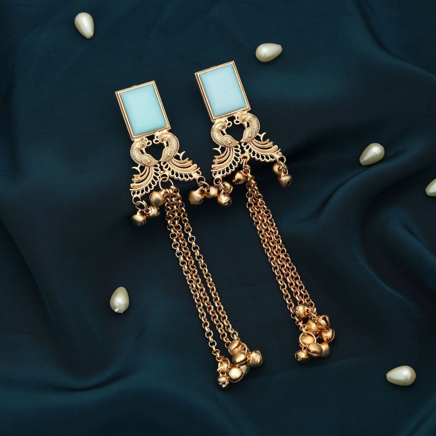 Himmelblaue lange Kaschmir-Ohrringe, stilvoller, einzigartiger Statement-Schmuck