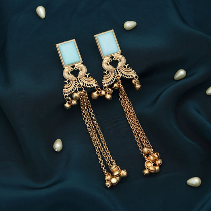 Himmelblaue lange Kaschmir-Ohrringe, stilvoller, einzigartiger Statement-Schmuck