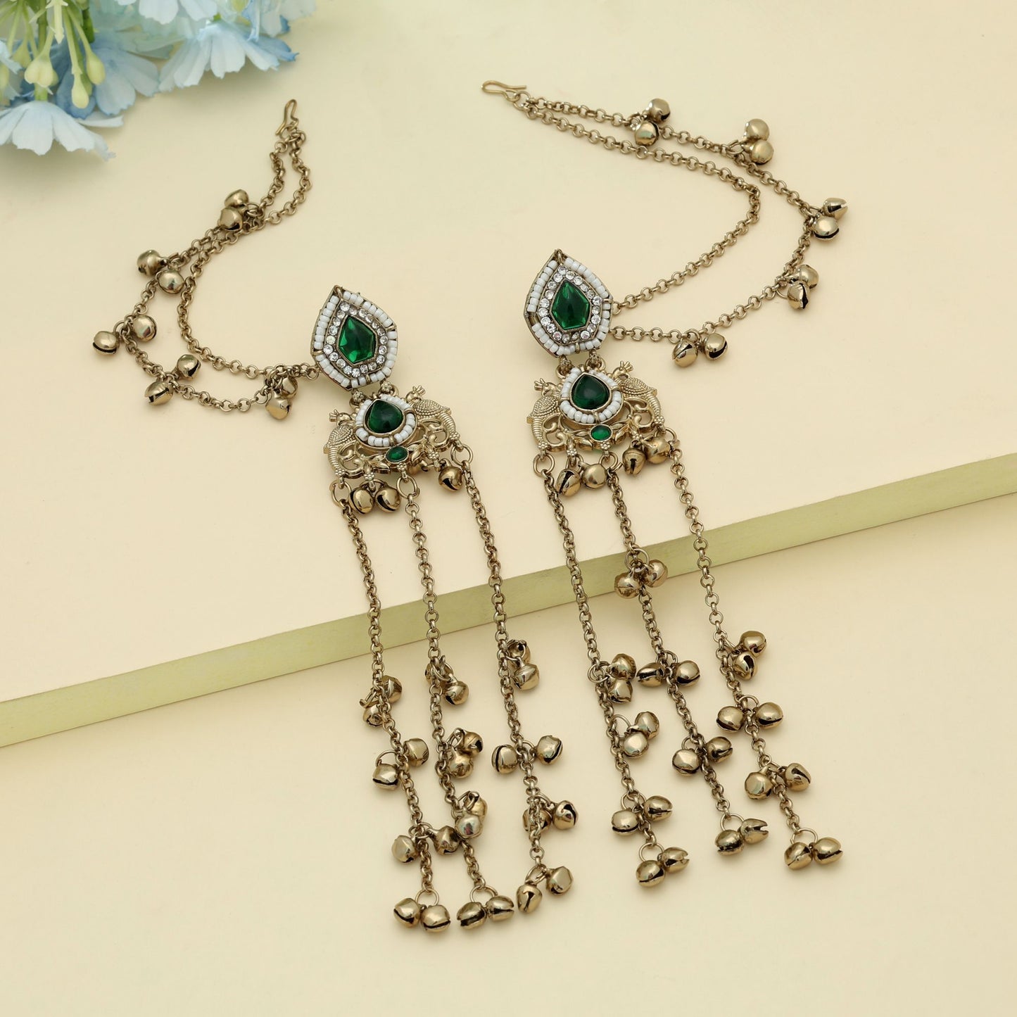 Green Color Long Kasmiri Earrings Classic Ethnic Statement Jewelry