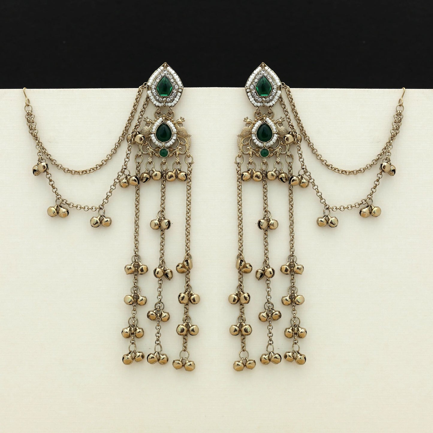 Green Color Long Kasmiri Earrings Classic Ethnic Statement Jewelry