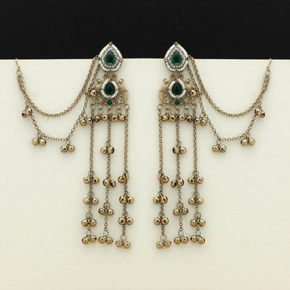 Green Color Long Kasmiri Earrings Classic Ethnic Statement Jewelry