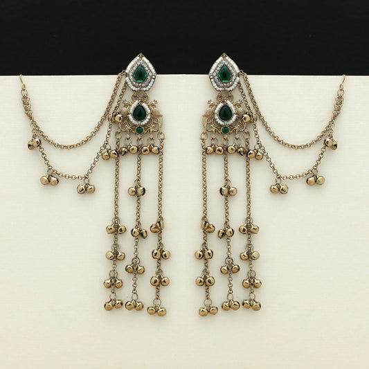 Green Color Long Kasmiri Earrings Classic Ethnic Statement Jewelry