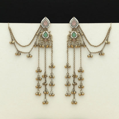 Lange Kaschmir-Ohrringe in Pink & Pistaziengrün – Stylischer Ethno-Schmuck