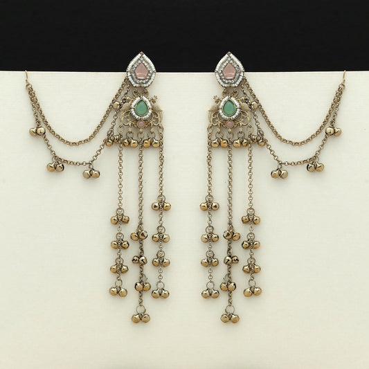 Pink & Pista Green Color Long Kasmiri Earrings Stylish Ethnic Jewelry