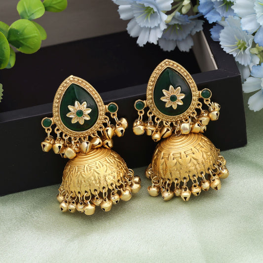 Green Color Big Size Jhumka Kasmiri Earrings Elegant Ethnic Festive Jewelry Collection