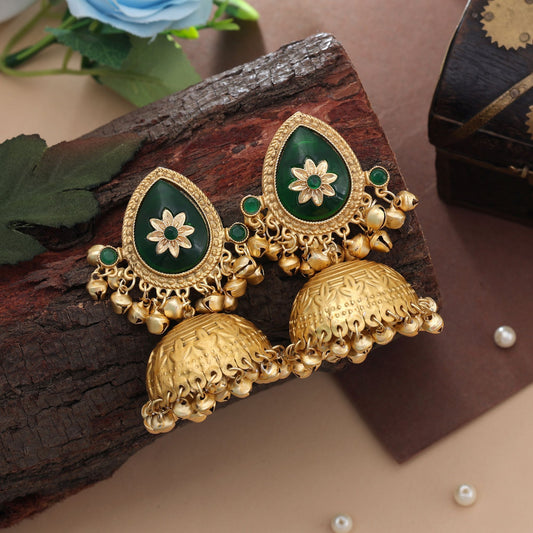 Green Color Big Size Jhumka Kasmiri Earrings Elegant Ethnic Festive Jewelry Collection