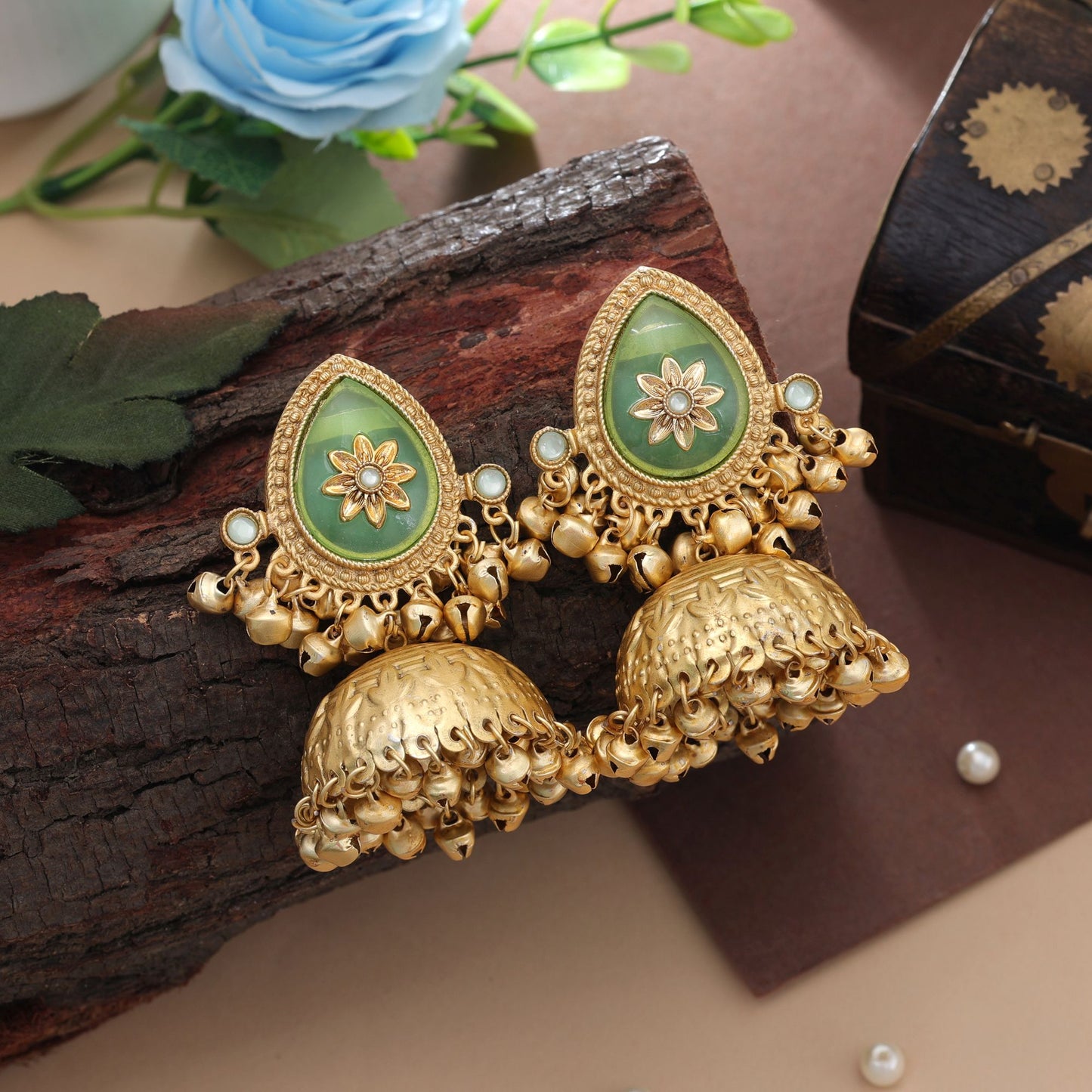 Pista Green Color Big Size Jhumka Kasmiri Earrings Traditional Ethnic Statement Jewelry