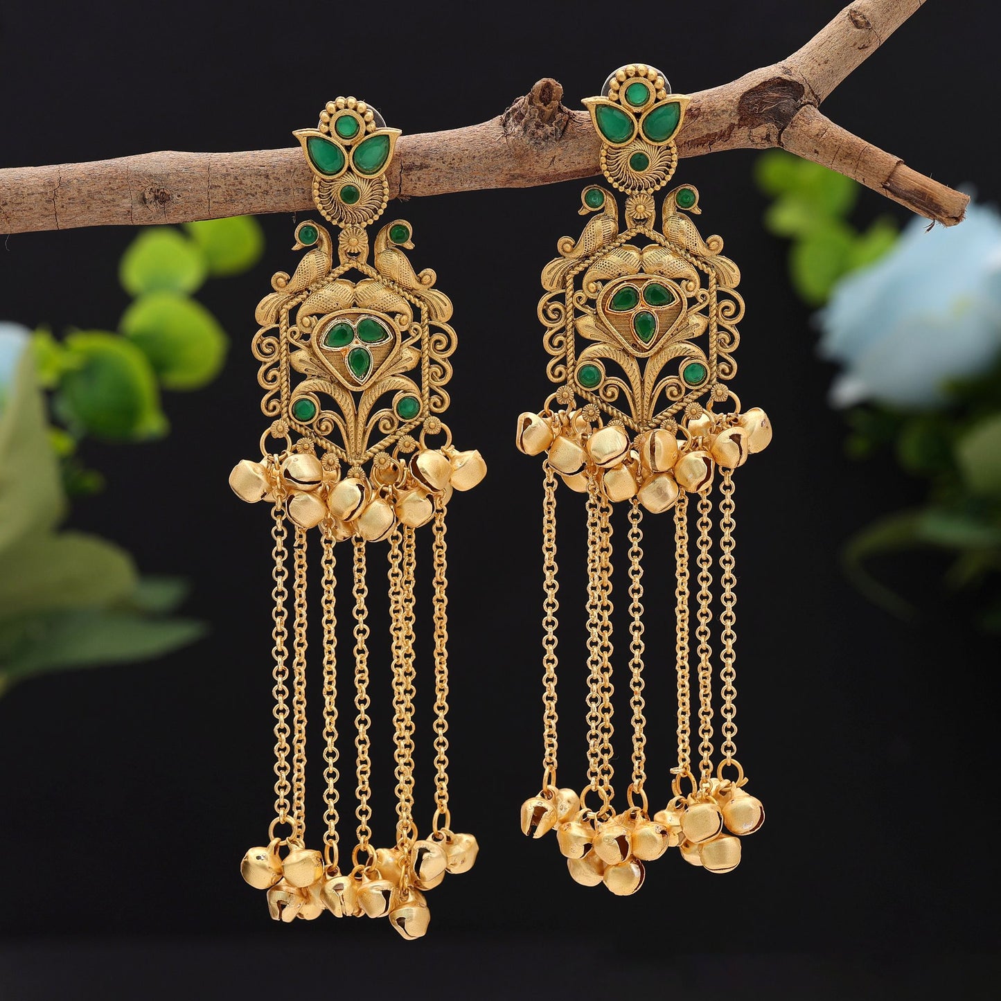 Gorgeous Green Color Long Kasmiri Earrings With Traditional Ethnic Fashion Jewelry Design