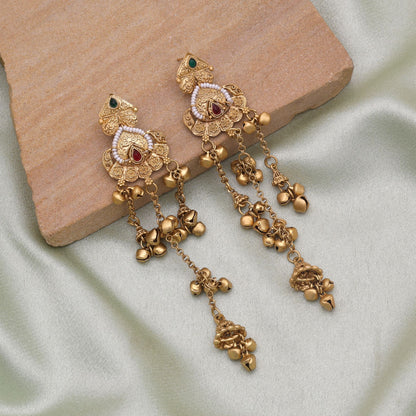 Rani & Green Color Long Kasmiri Earrings with Traditional Ethnic Design