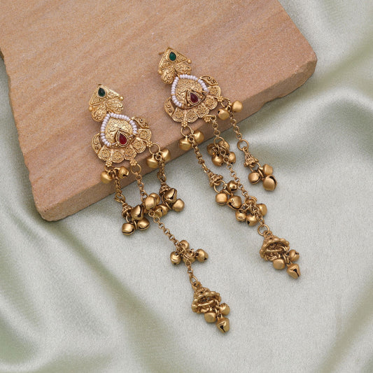 Rani & Green Color Long Kasmiri Earrings with Traditional Ethnic Design