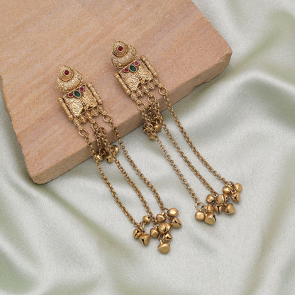 Rani & Green Color Long Kasmiri Earrings with Elegant Handmade Finish