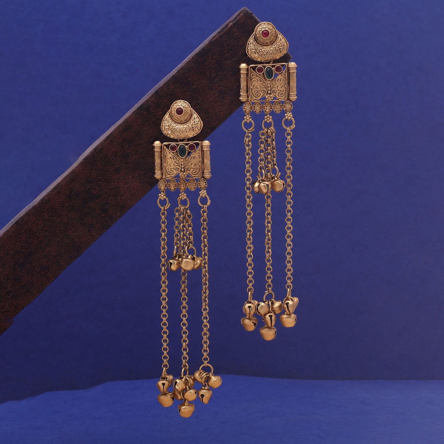 Rani & Green Color Long Kasmiri Earrings with Elegant Handmade Finish