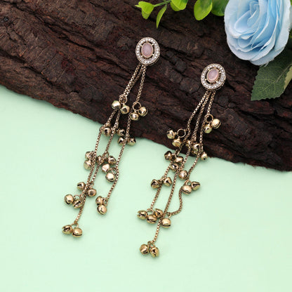Light Pink Stone Long Kasmiri Earrings Featuring Elegant Handmade Designer Look
