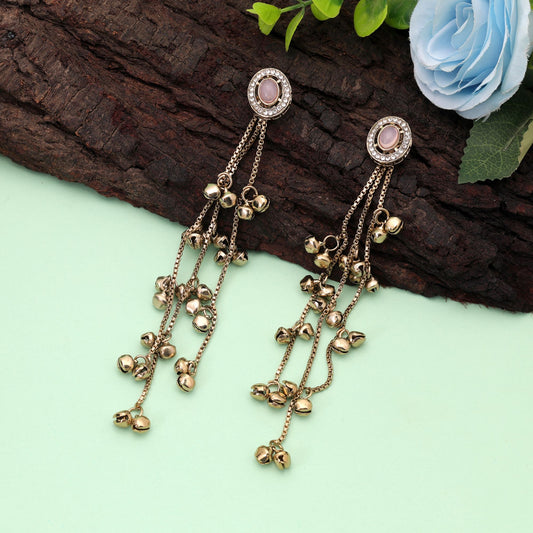 Light Pink Stone Long Kasmiri Earrings Featuring Elegant Handmade Designer Look