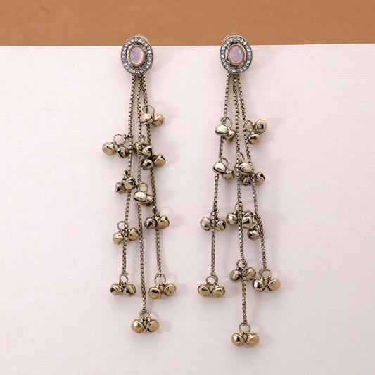 Light Pink Stone Long Kasmiri Earrings Featuring Elegant Handmade Designer Look