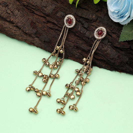 Red Color Long Kasmiri Earrings Featuring Stylish Ethnic Fashion Wear Appeal