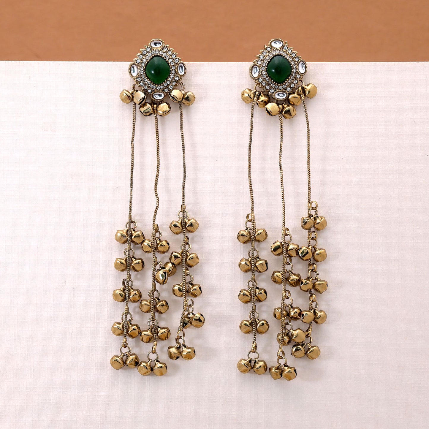 Green Color Long Kasmiri Earrings Crafted with Stylish Ethnic Fashion Appeal
